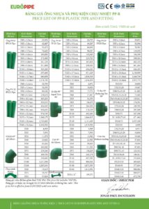 Bảng giá ống nhựa PP-R & phụ kiện Europipe