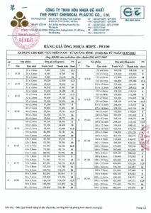 Bảng giá ống HDPE Đệ Nhất
